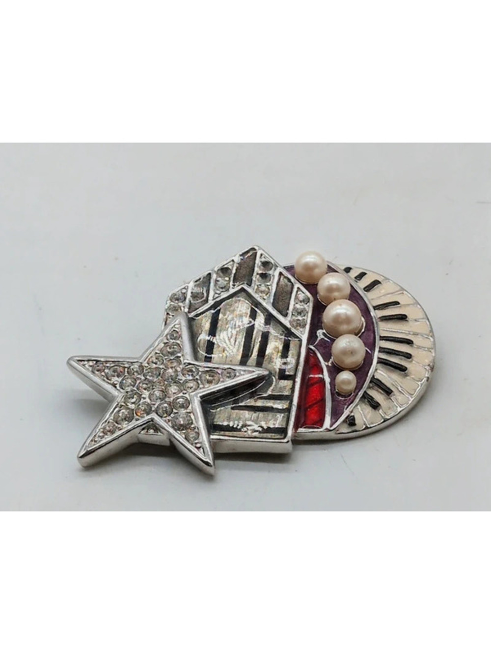 Vintage Bob Mackie Enamel Rhinestone Piano Star Faux Pearl Brooch Pin